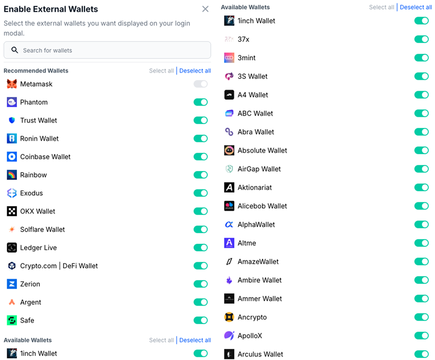 External Wallets Select Wallets